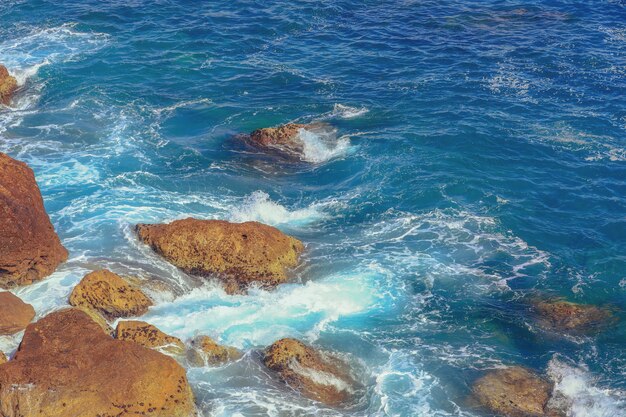 Plage rocheuse avec de grosses pierres brunes