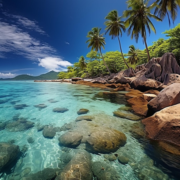 plage rocheuse panoramique avec des eaux bleues et les Seychelles