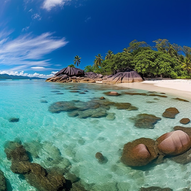 plage rocheuse panoramique avec des eaux bleues et les Seychelles