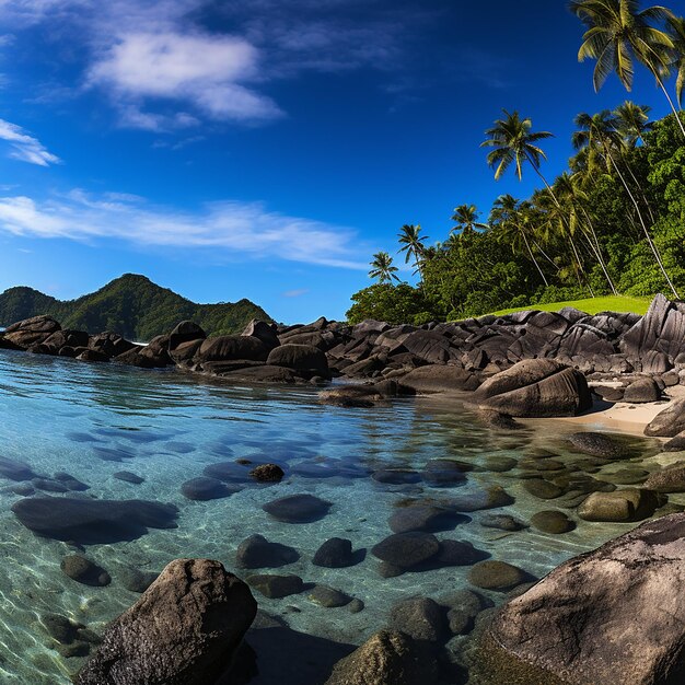 plage rocheuse panoramique avec des eaux bleues et les Seychelles