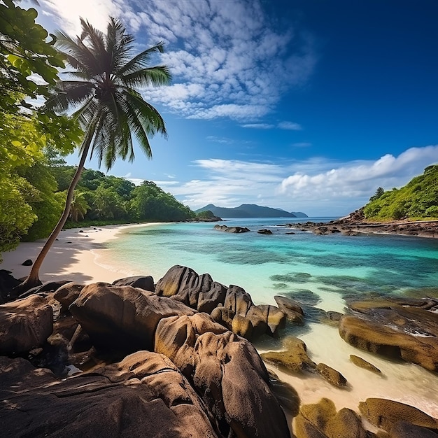 plage rocheuse panoramique avec des eaux bleues et les Seychelles