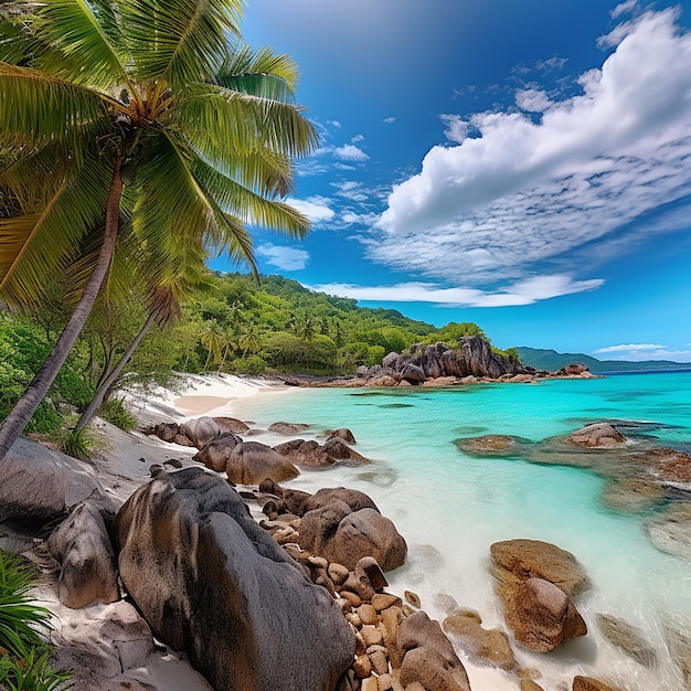 plage rocheuse panoramique avec des eaux bleues et les Seychelles