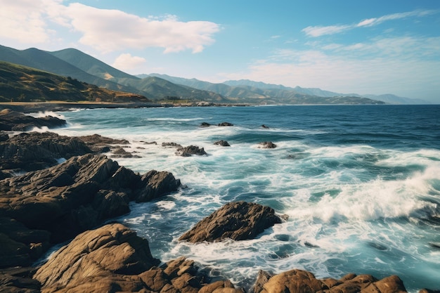 une plage rocheuse avec des vagues s'écrasant sur les rochers