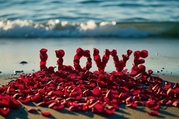 Photo plage romantique de l'amour pétales de rose sur la large côte pragma