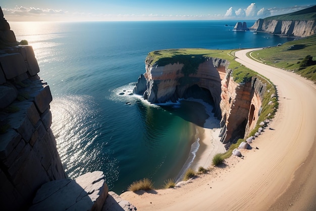 Une plage avec une route menant à la mer