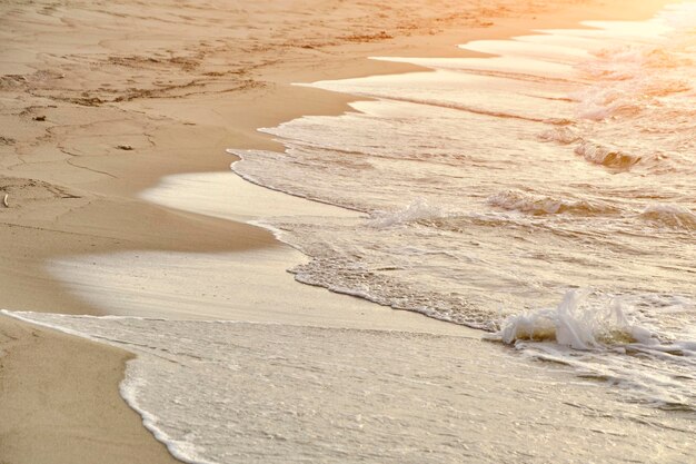 Plage de sable au coucher du soleil et vagues ondulantes