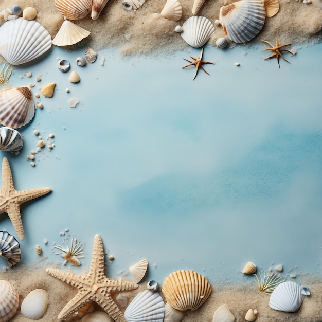 Plage de sable blanc avec des coquillages, des étoiles de mer et des vagues de l'océan avec un espace de copie