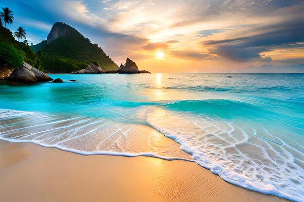 Photo plage de sable blanc avec eau bleu clair