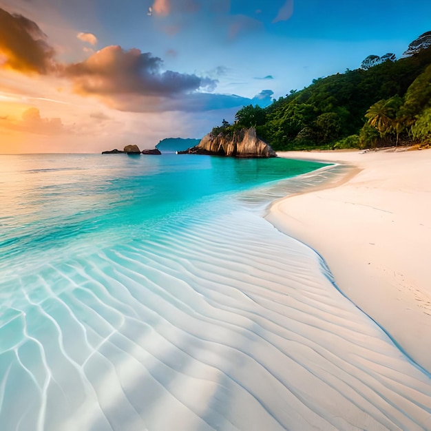 Photo plage de sable blanc avec eau bleu clair