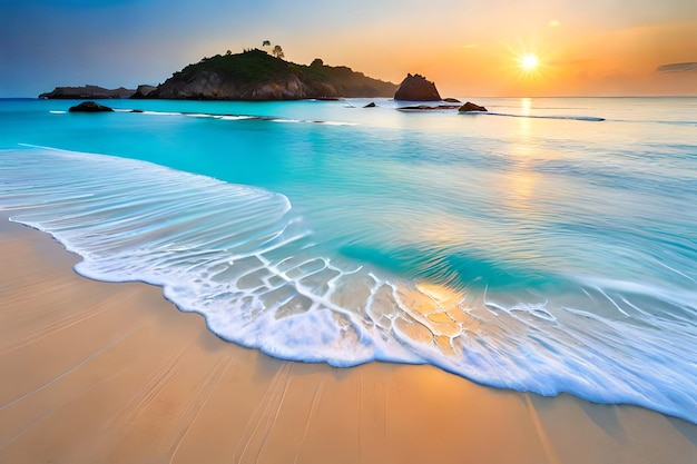 Photo plage de sable blanc avec eau bleu clair