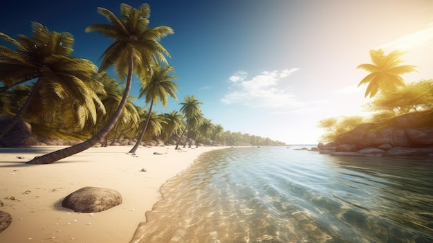 une plage de sable blanc paradisiaque avec un paysage de noix de coco