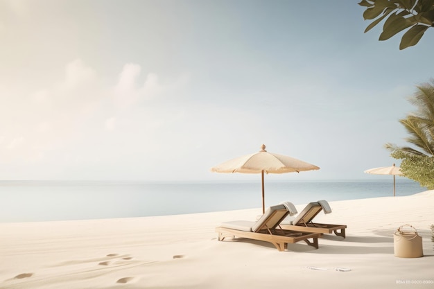 Plage de sable avec chaises longues et parasol invitant les vacanciers à profiter du soleil et à profiter des magnifiques paysages de la mer et du ciel AI Generative