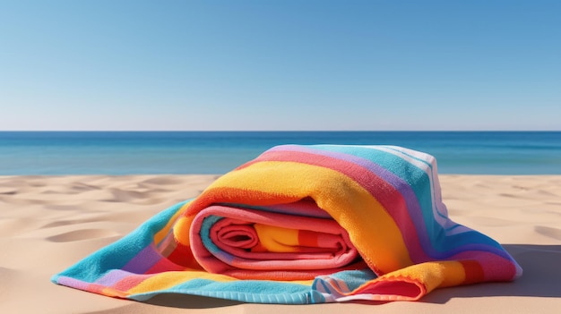 Une plage de sable avec de l'eau bleue claire et une serviette de plage colorée