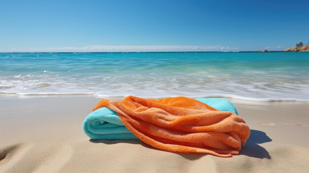 Une plage de sable avec de l'eau bleue claire et une serviette de plage colorée