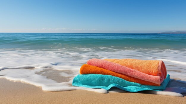 Une plage de sable avec de l'eau bleue claire et une serviette de plage colorée