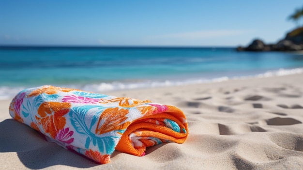 Une plage de sable avec de l'eau bleue claire et une serviette de plage colorée