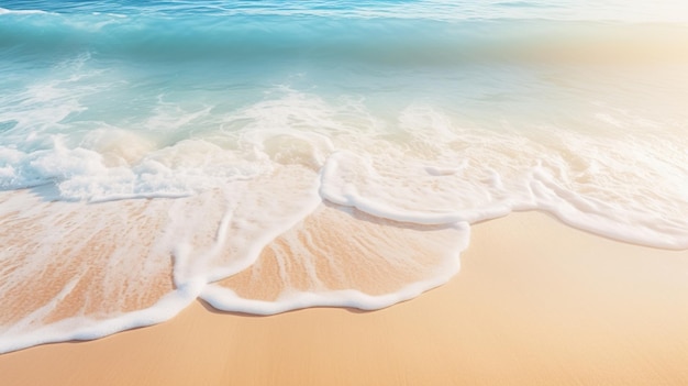 Une plage de sable ensoleillée avec des vagues d'eau et des feuilles de palmier vertes