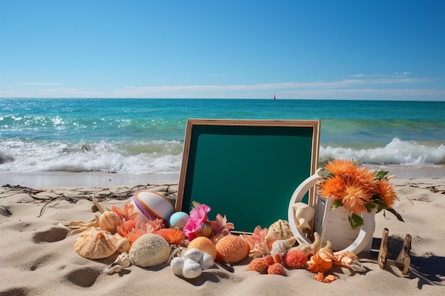 La plage de sable est ornée d'une composition artistique d'objets variés.