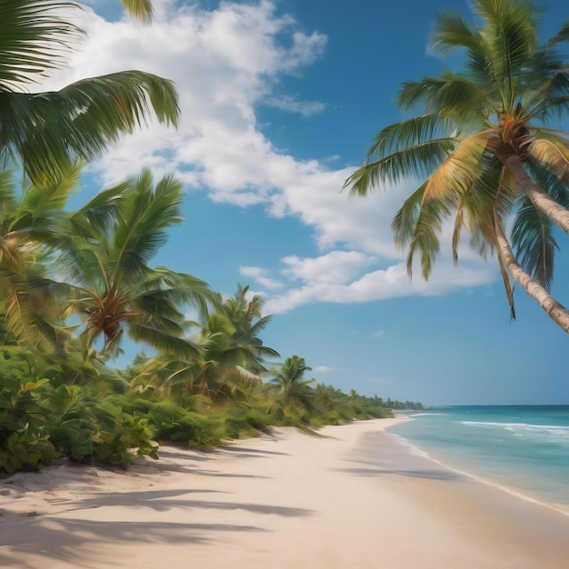 Une plage de sable estivale tropicale et un palmier sur le fond de la mer