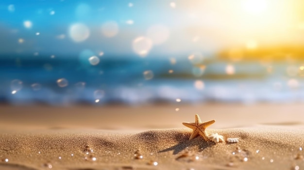 Plage de sable d'été tropical et lumière du soleil bokeh sur fond de mer AI générative