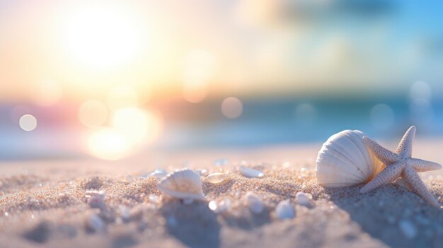 Plage de sable d'été tropical et lumière du soleil bokeh sur fond de mer