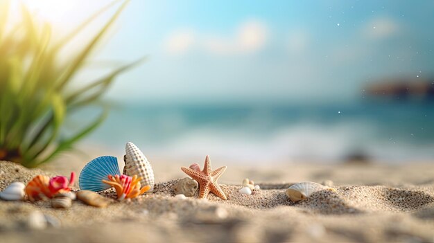 Plage de sable d'été tropical et lumière du soleil bokeh sur fond de mer