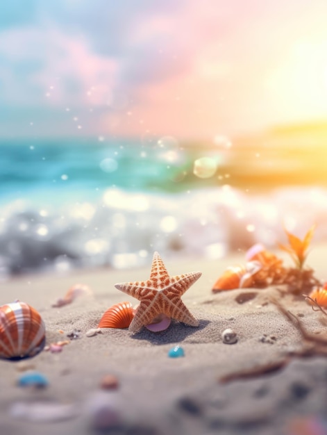 Plage de sable d'été tropical et lumière du soleil bokeh sur fond de mer