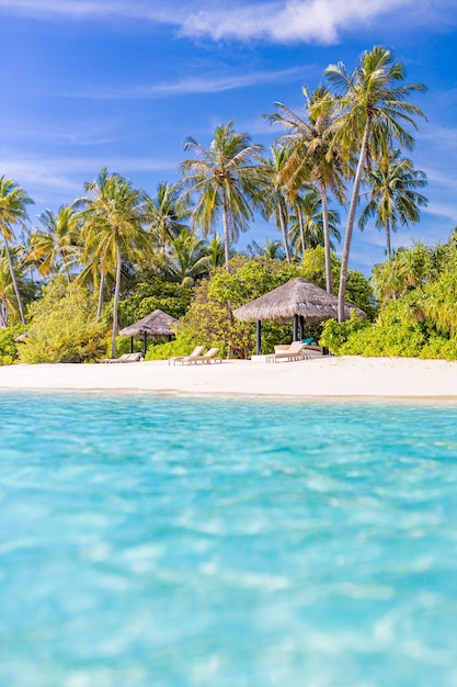 Photo plage de sable exotique d'été avec palmiers flous et arrière-plan marin. paysage de paradis tropical abstrait