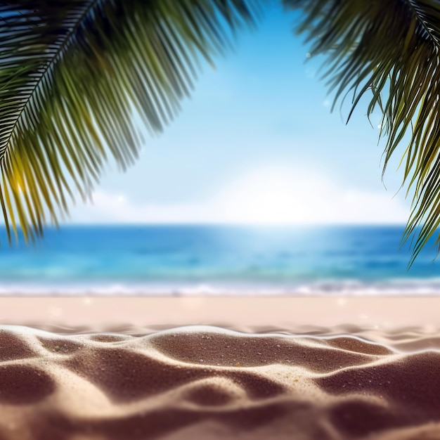 Plage de sable avec des feuilles de palmier avec fond de mer floue