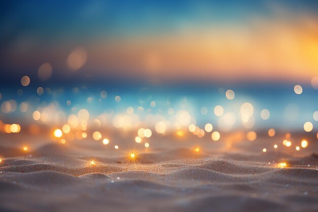 Plage de sable avec des lumières Bokeh à focalisation douce