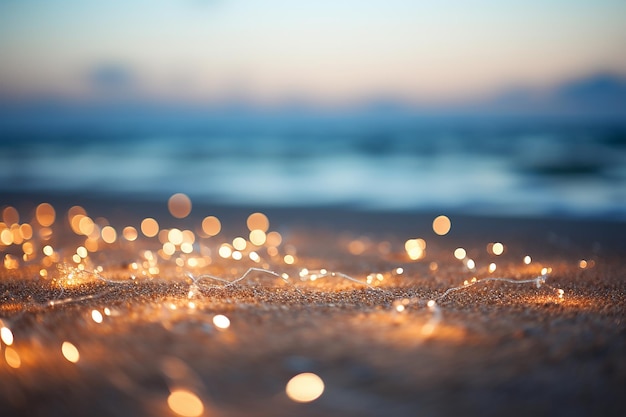 Plage de sable avec des lumières Bokeh à focalisation douce