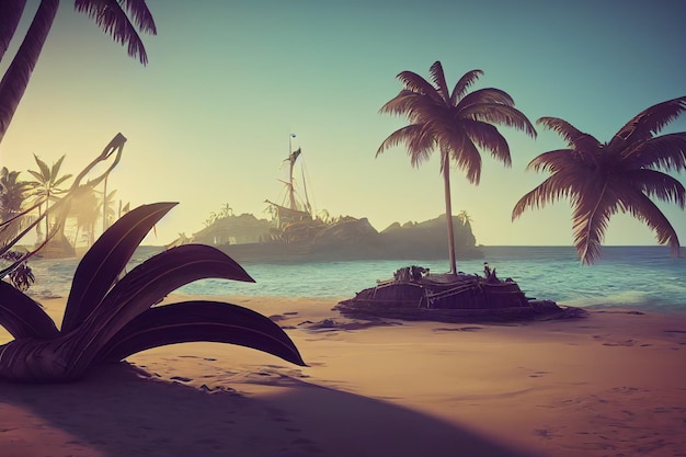 Plage de sable de mer de l'île avec de grands palmiers eau de mer bleue sous les rayons du soleil dans le ciel bleu illustration 3d
