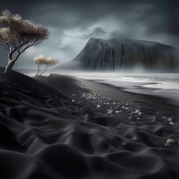 Une plage de sable noir avec une montagne en arrière-plan.