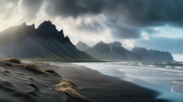 Une plage de sable noir avec des montagnes en arrière-plan