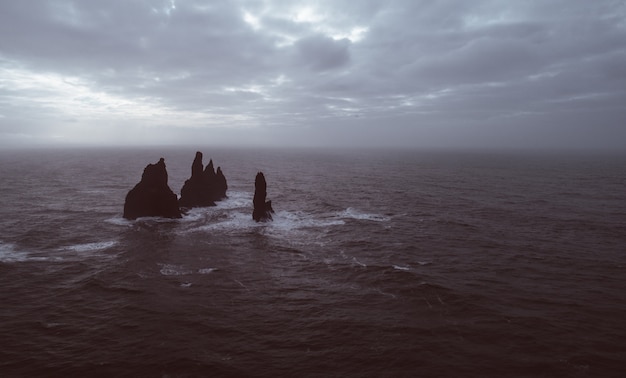 Plage de sable noir et roches basaltiques dans l'océan en Islande