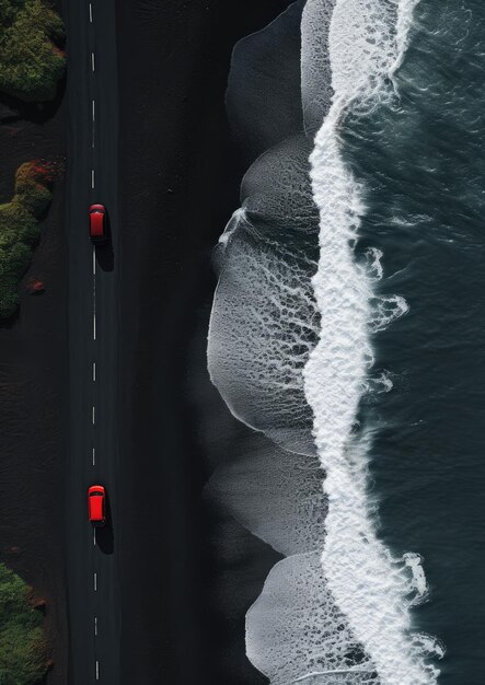 Plage de sable noir avec route et voiture rouge sur fond d'écran de vacances de voyage Generative Ai