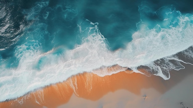 Plage de sable orange et vagues de mer turquoise roulent sur le rivage Illustration générative AI d'en haut