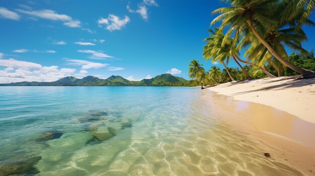 Une plage de sable avec des palmiers et de l'eau bleue claire