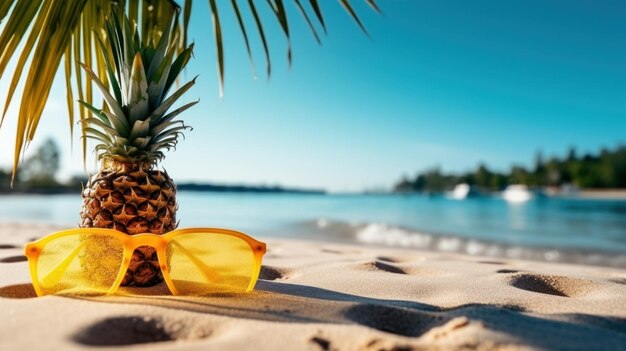 Plage de sable avec palmiers flous et fond de mer tropicale Vacances d'été et espace de copie de concept de voyage