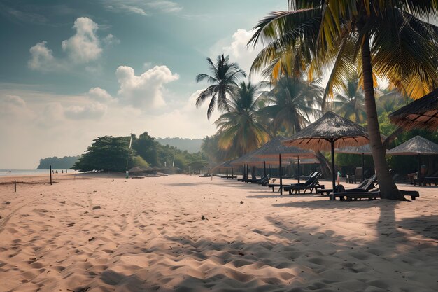 Une plage de sable avec des palmiers et des parapluies