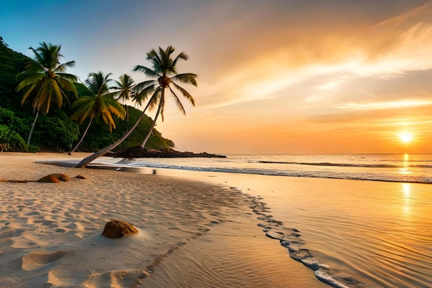 une plage de sable avec des palmiers se balançant au gré de la brise et un groupe d'habitants proposant des fruits de mer grillés