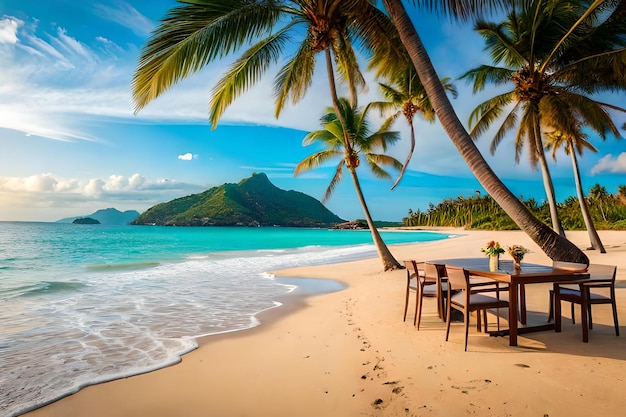 une plage de sable avec des palmiers se balançant au gré de la brise et un groupe d'habitants proposant des fruits de mer grillés