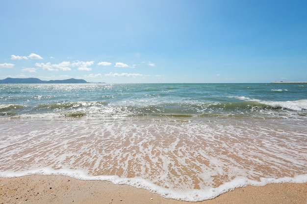 Plage de sable propre et vide avec petite vague en vacances d'été en utilisant pour le fond de la nature. Concept de vacances de voyage