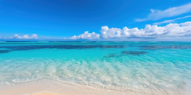 Plage de sable avec sable blanc et vague calme de l'océan turquoise lors d'une journée ensoleillée en arrière-plan