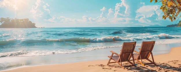 Plage de sable tranquille au bord de la mer avec des fauteuils de salon incarnant les vacances d'été et le bonheur des vacances