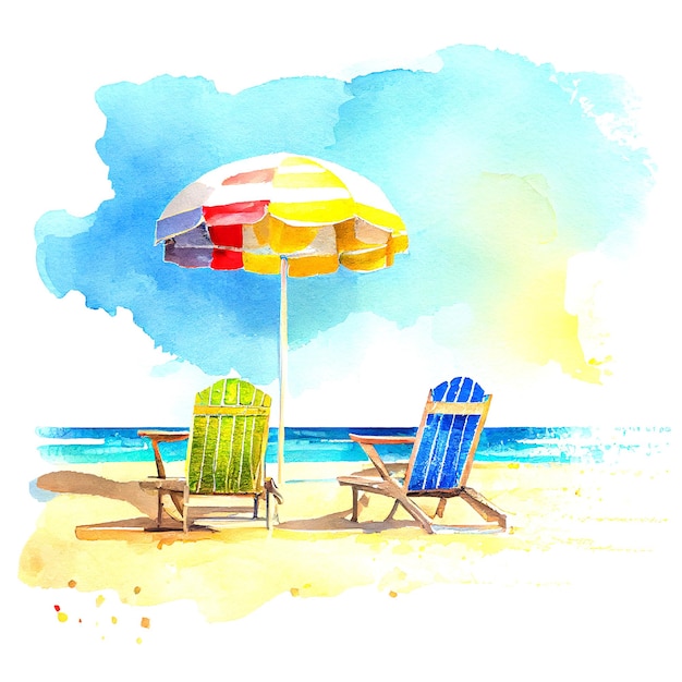 Plage de sable avec transats et parasol Illustration aquarelle d'été