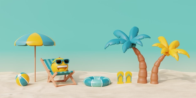 Plage de sable tropical d'été 3d par une journée ensoleillée avec chaise de plage parapluie cocotier et éléments d'été rendu 3d