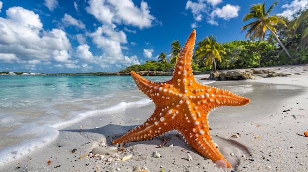 Photo plage de sable tropical d'été avec des coquillages d'étoiles de mer et des étoiles de mer sur une belle plage tropicale et la mer