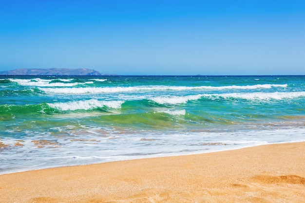 Plage de sable tropicale avec eau turquoise et grosses vagues. Île de Crète, Grèce. Beau paysage d'été