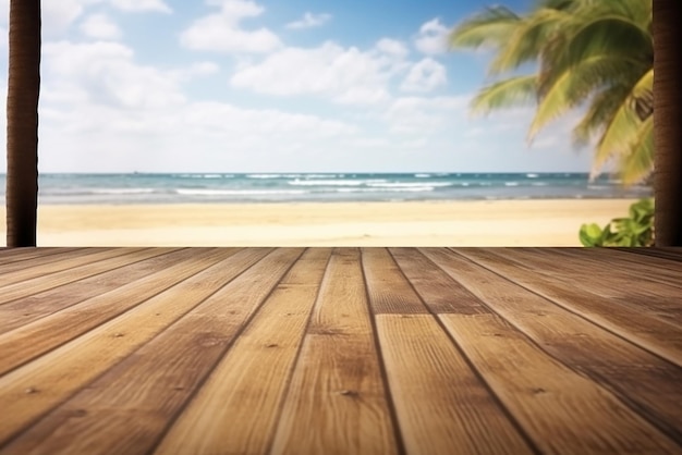 Plage de sable tropicale sereinement floue avec fond de mer frais et premier plan de plancher en bois sur le Ho